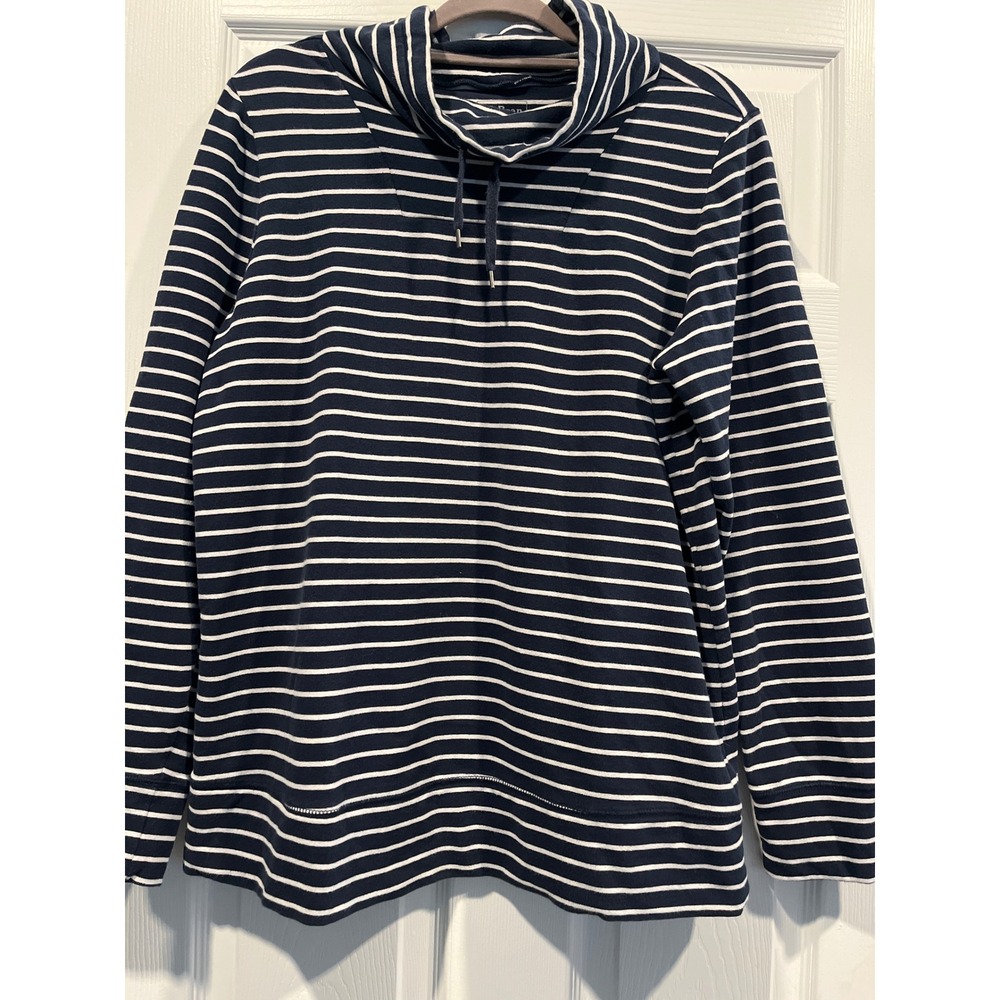 LL Bean Womens L Navy Blue White Striped Funnel Neck Pullover Sweatshirt 504275